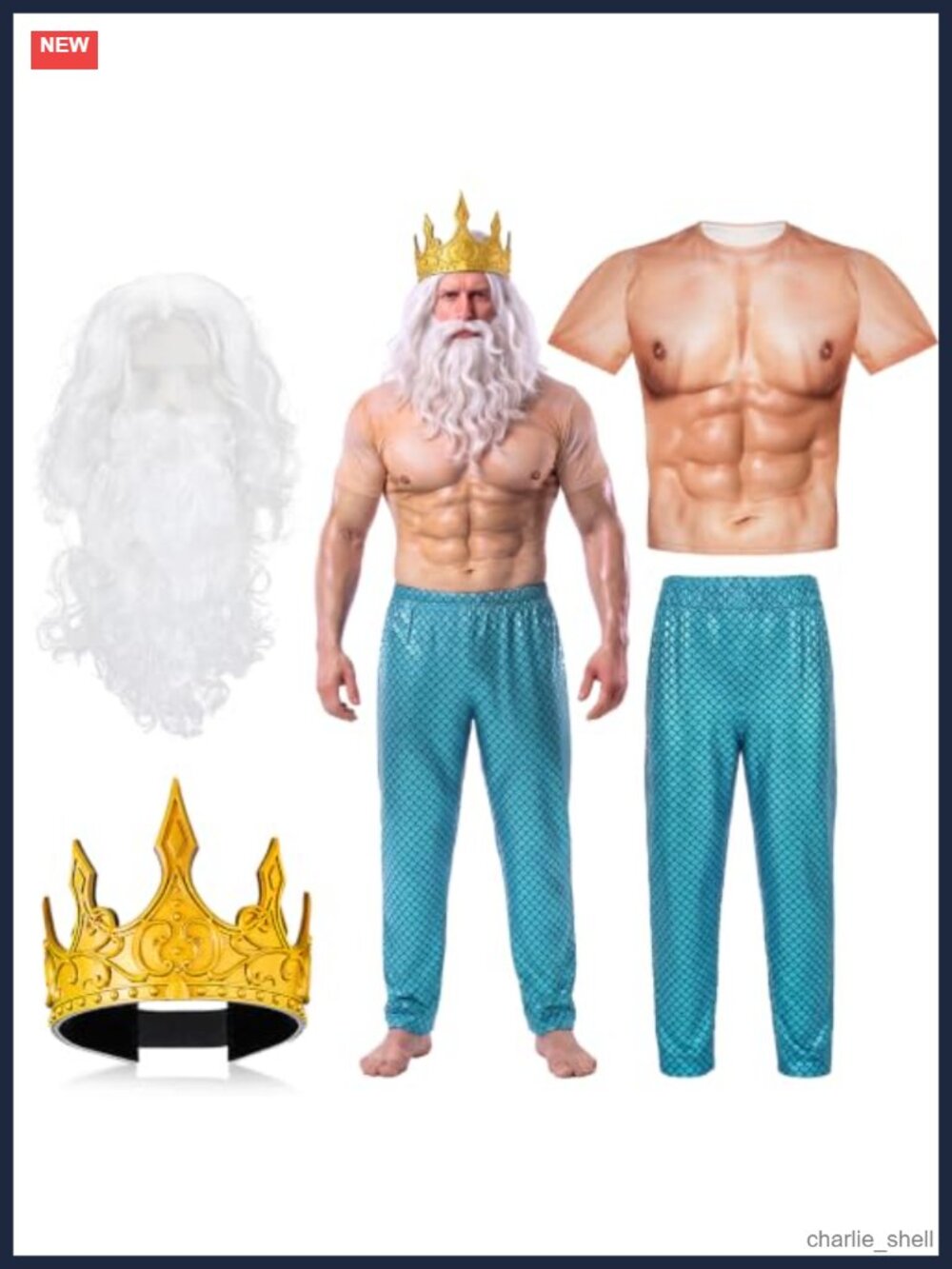 Men's Poseidon Merman Costume Set Muscle Shirt Mermaid Pants Wig Crown